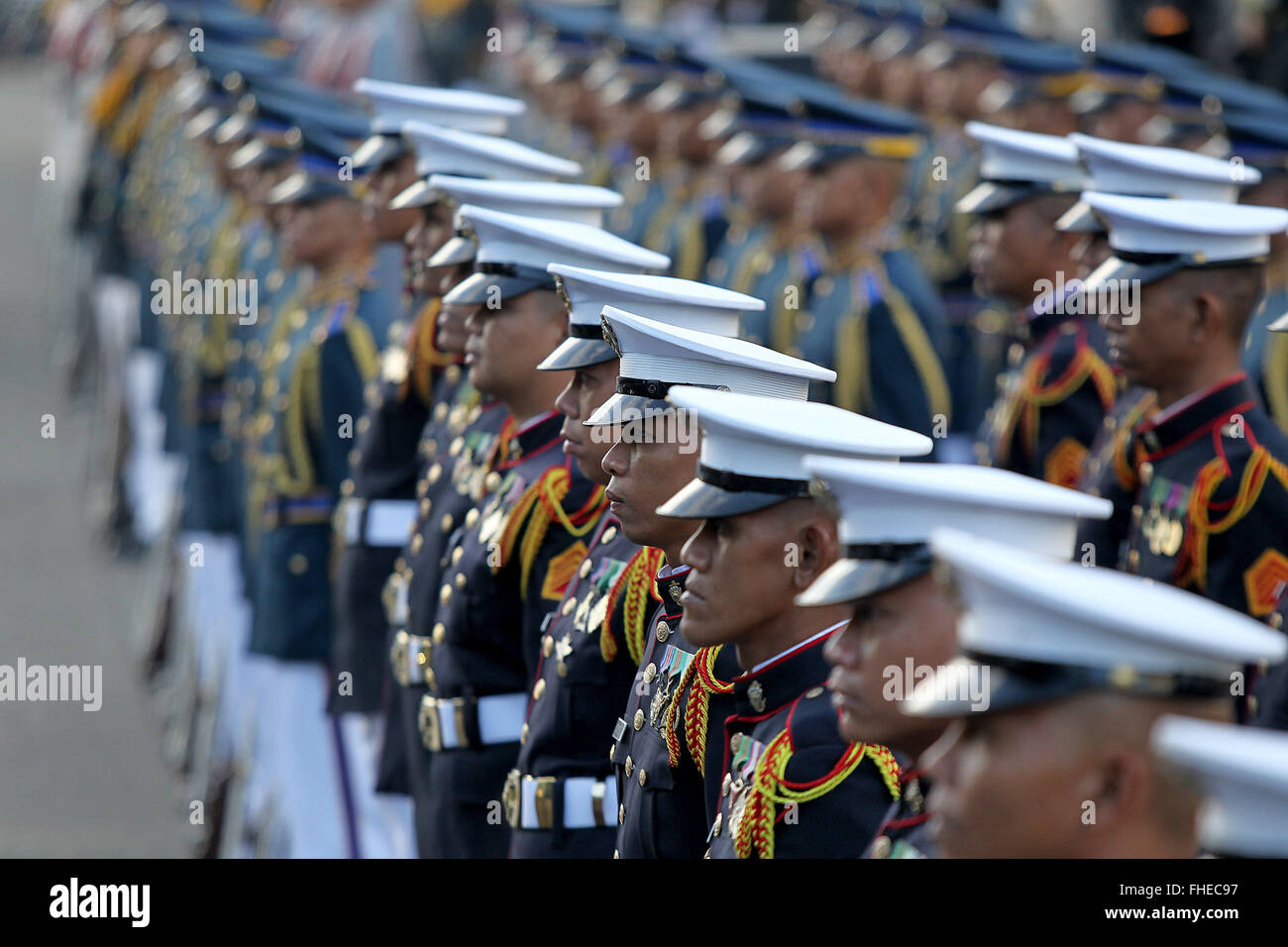 Quezon City, Philippines. 25th Feb, 2016. Honor guards participate in the 30th anniversary of the People Power Revolution in Quezon City, the Philippines, Feb. 25, 2016. Filipinos on Thursday celebrated the 30th anniversary of the People Power Revolution, an event that toppled the dictatorship of former President Ferdinand Marcos in 1986. Credit:  Rouelle Umali/Xinhua/Alamy Live News Stock Photo