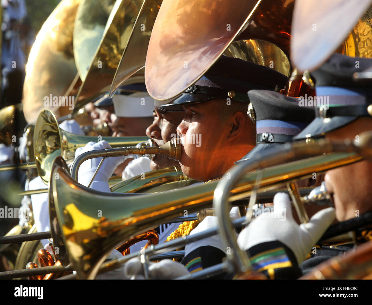 Quezon City, Philippines. 25th Feb, 2016. Members of a military band participate in the 30th anniversary of the People Power Revolution in Quezon City, the Philippines, Feb. 25, 2016. Filipinos on Thursday celebrated the 30th anniversary of the People Power Revolution, an event that toppled the dictatorship of former President Ferdinand Marcos in 1986. Credit:  Rouelle Umali/Xinhua/Alamy Live News Stock Photo