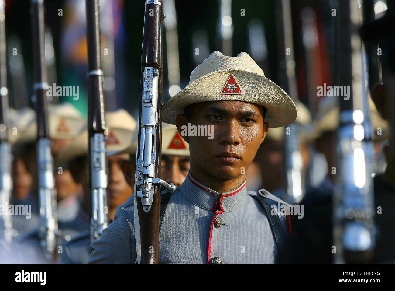 Quezon City, Philippines. 25th Feb, 2016. Honor guards participate in the 30th anniversary of the People Power Revolution in Quezon City, the Philippines, Feb. 25, 2016. Filipinos on Thursday celebrated the 30th anniversary of the People Power Revolution, an event that toppled the dictatorship of former President Ferdinand Marcos in 1986. Credit:  Rouelle Umali/Xinhua/Alamy Live News Stock Photo