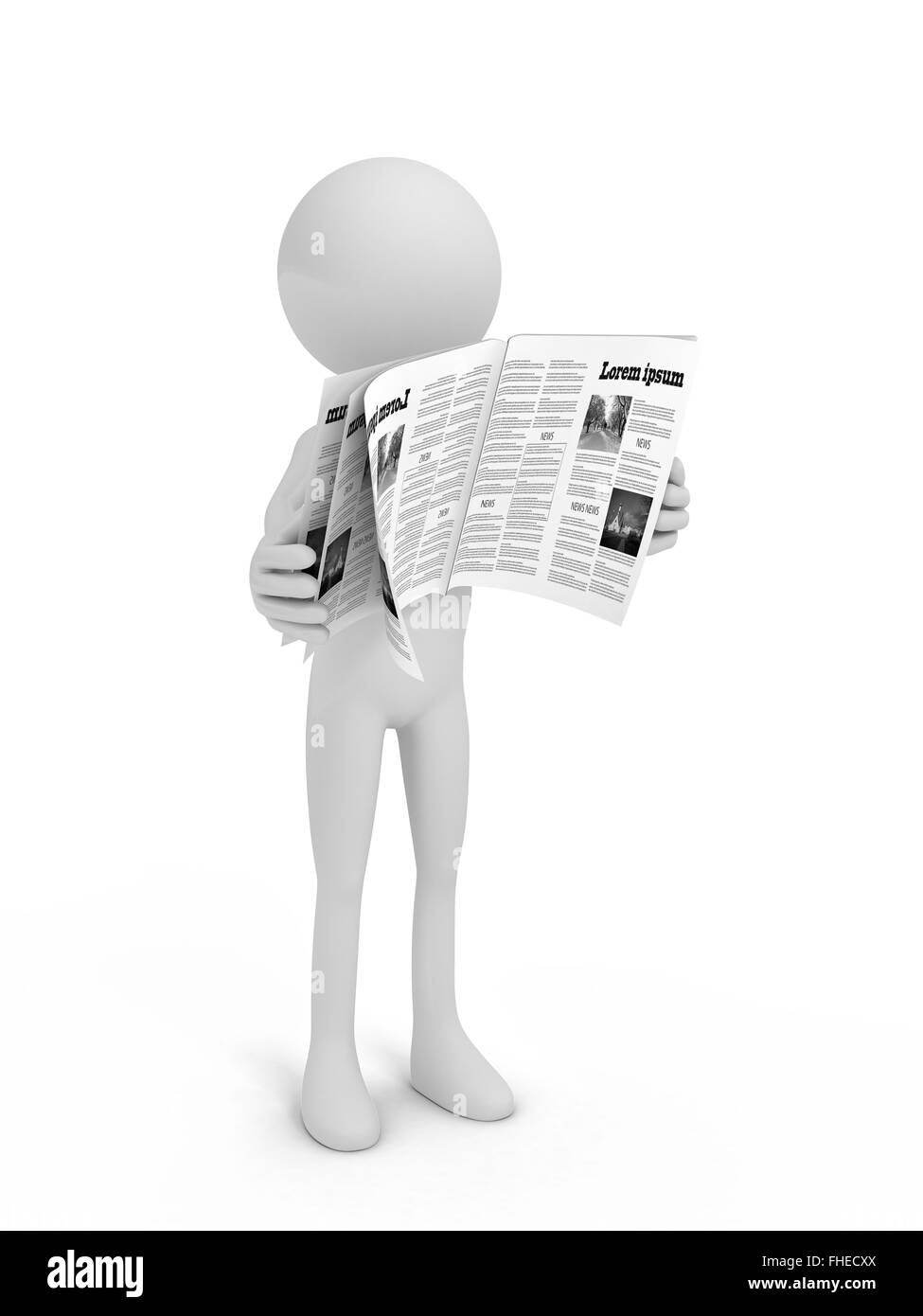 Person reading newspaper on white background Stock Photo