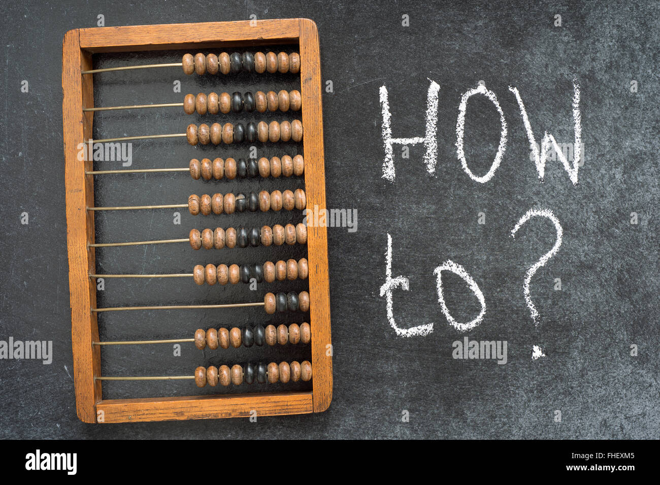 how to question handwritten on blackboard with vintage abacus Stock