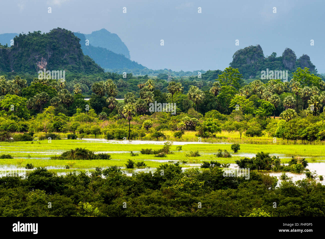 Stormy atmosphere at karst hills, view of the landscape, near Hpa-an, Karen or Kayin State, Myanmar, Burma Stock Photo