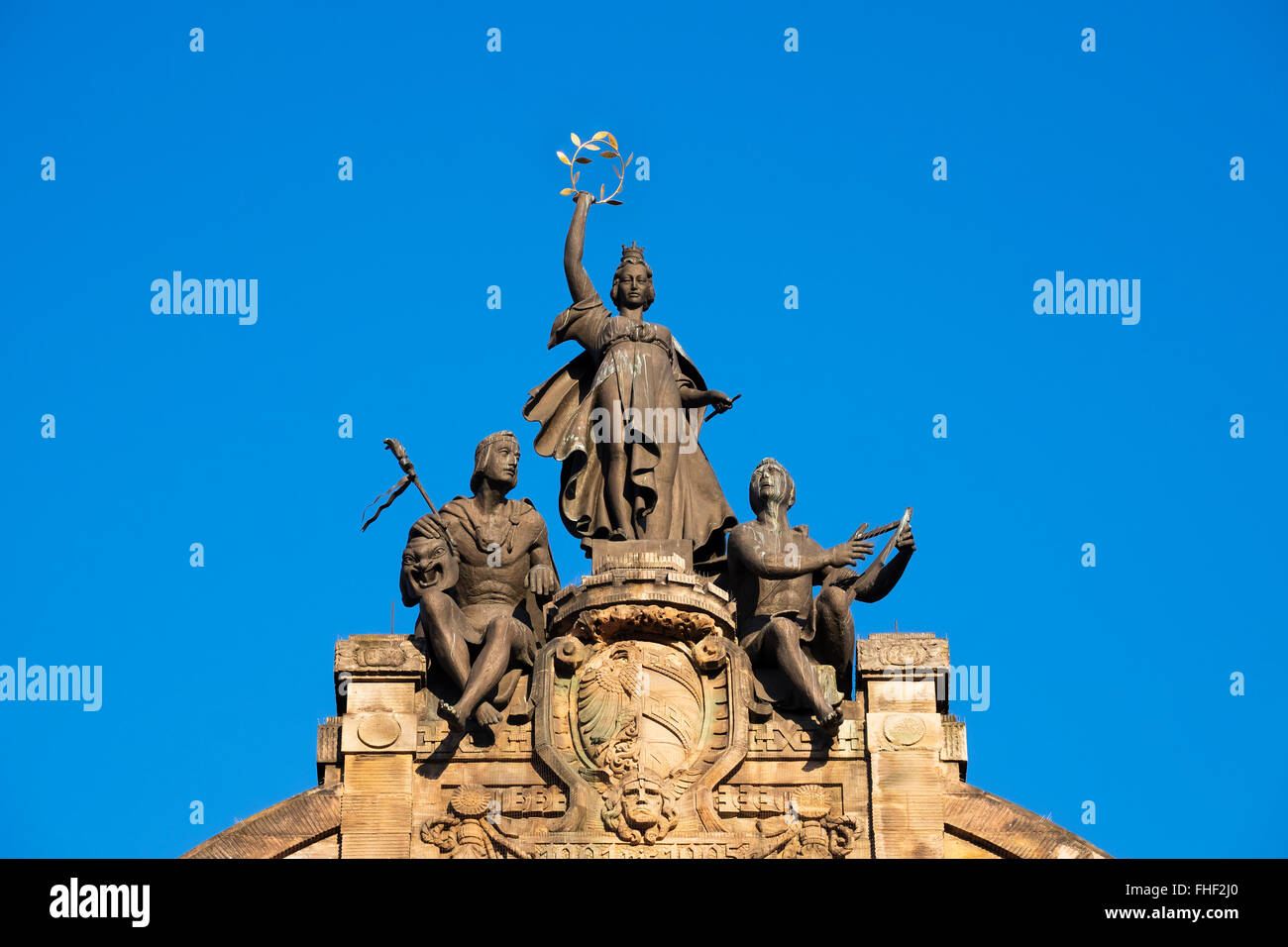Statue group Noris, Funny Council and Meistersinger, Opera House, Nuremberg, Middle Franconia, Franconia, Bavaria, Germany Stock Photo