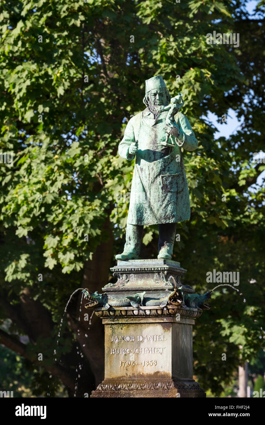 Statue of Jacob Daniel Burgschmiet, sculptor, Burgschmietbrunnen, St. Johannis district, Nuremberg, Middle Franconia, Franconia Stock Photo