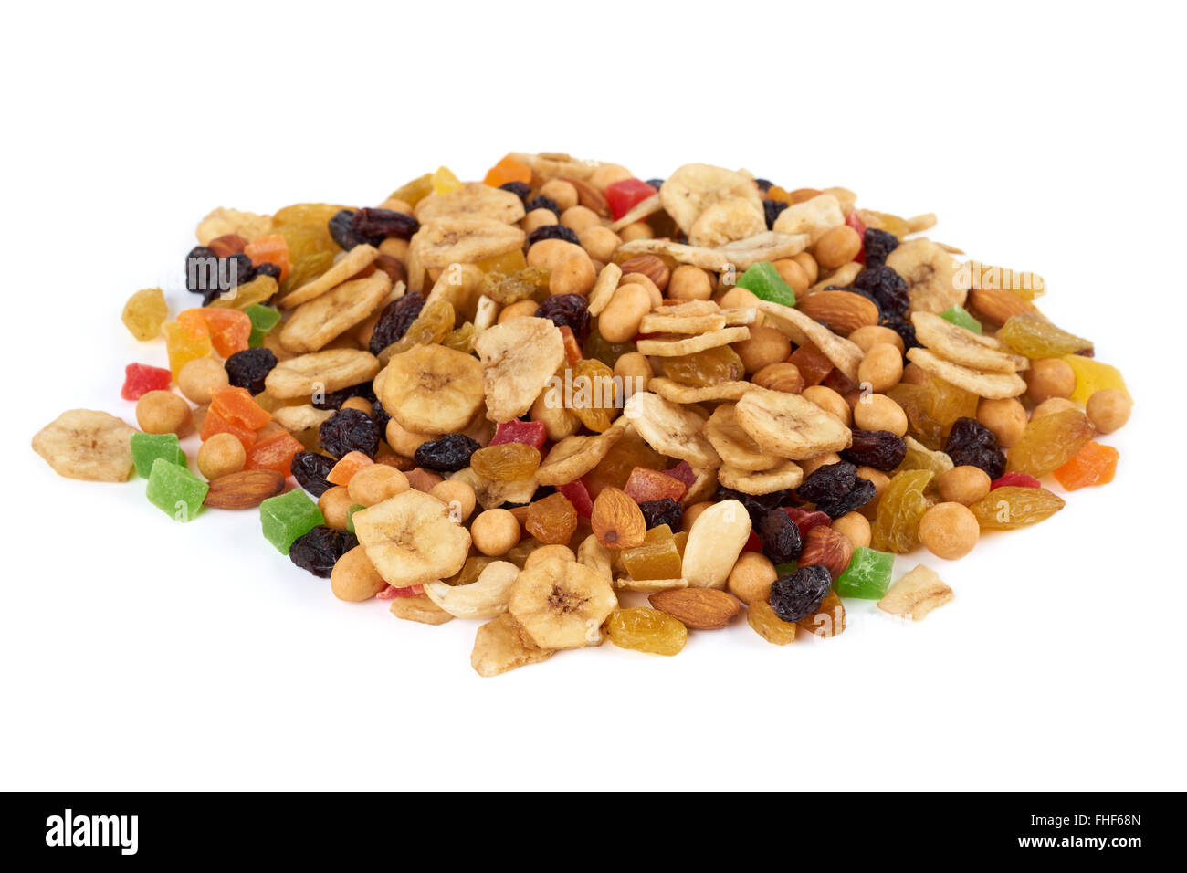 Heap of dried fruits and nuts isolated on white Stock Photo