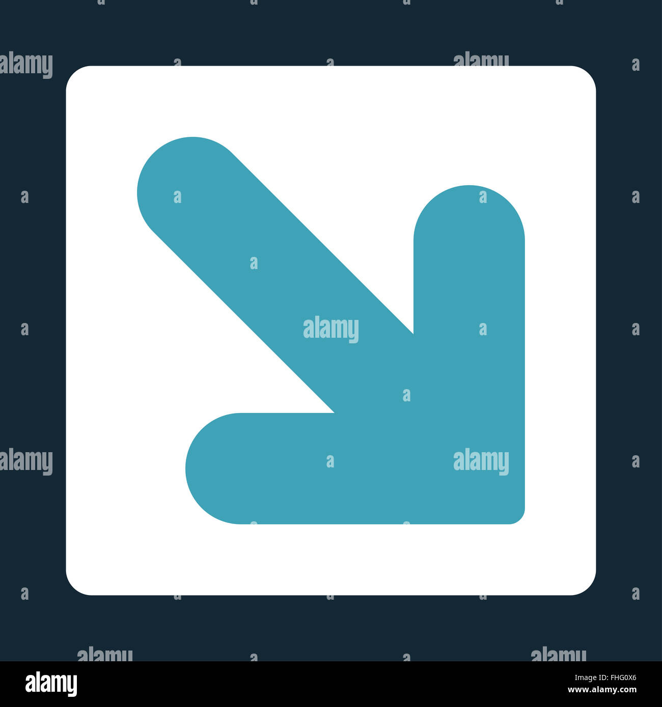 Arrow Down Right flat blue and white colors rounded button Stock Photo ...
