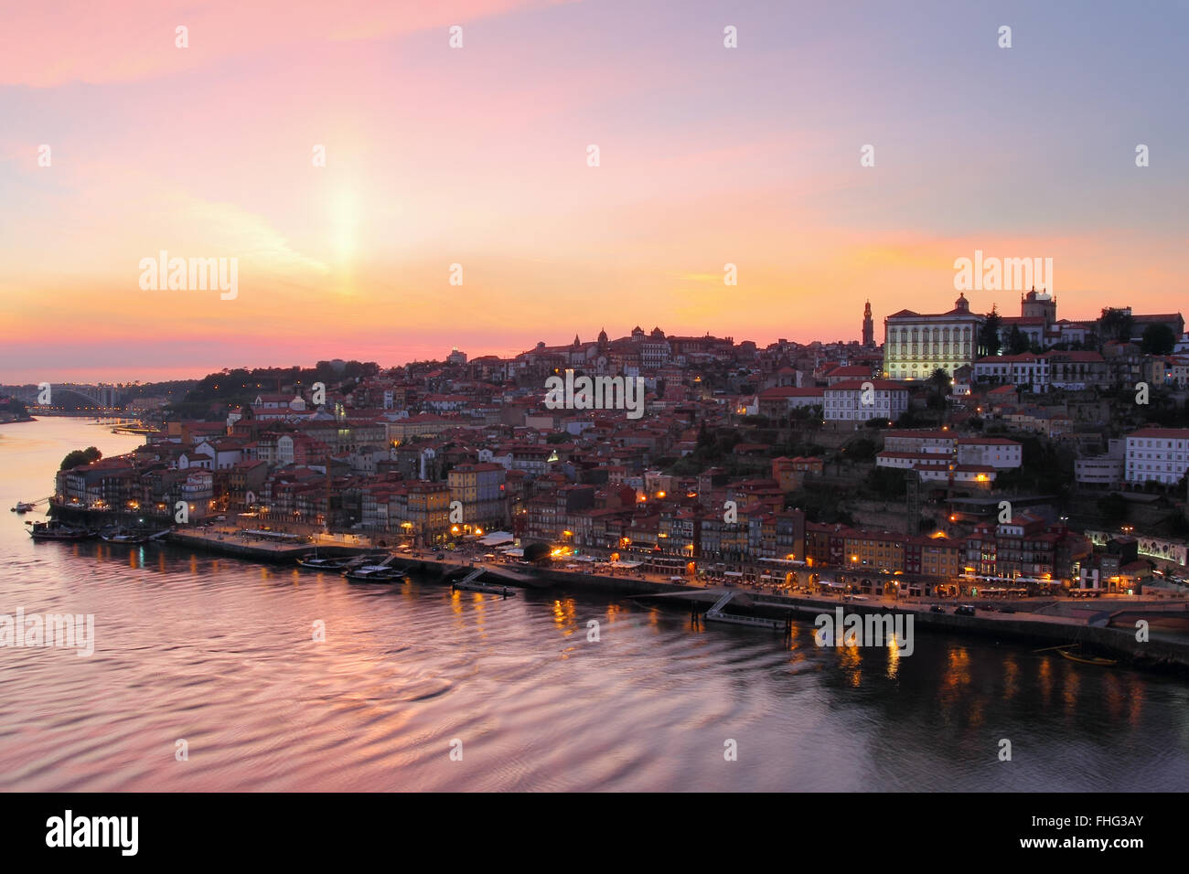 Beautiful Porto cityscape in sunset orange light . Stock Photo