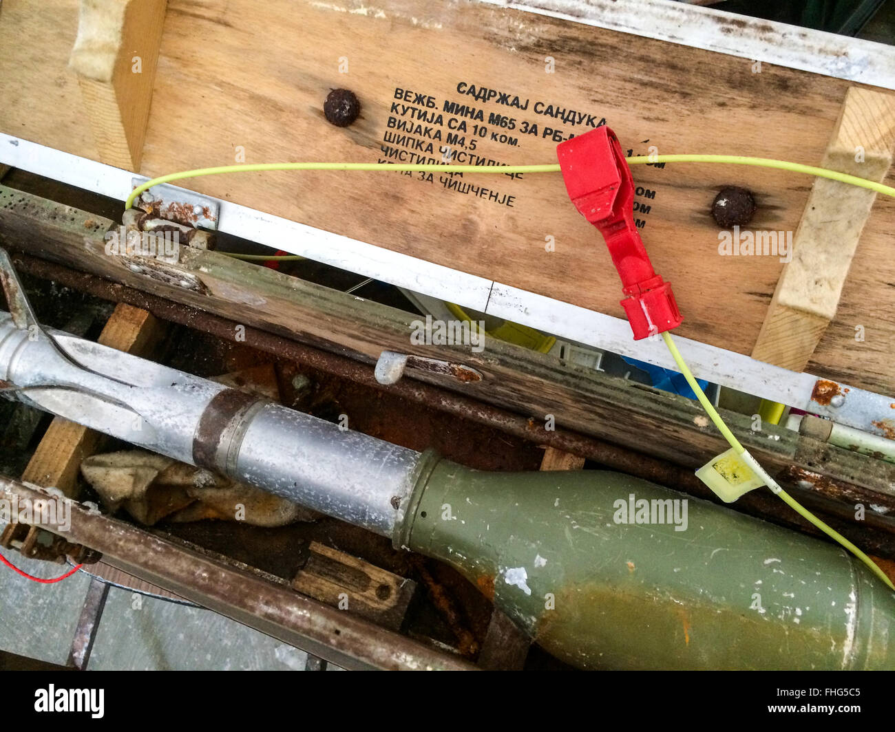 Old bomb with detonation wire in wooden box Stock Photo Alamy