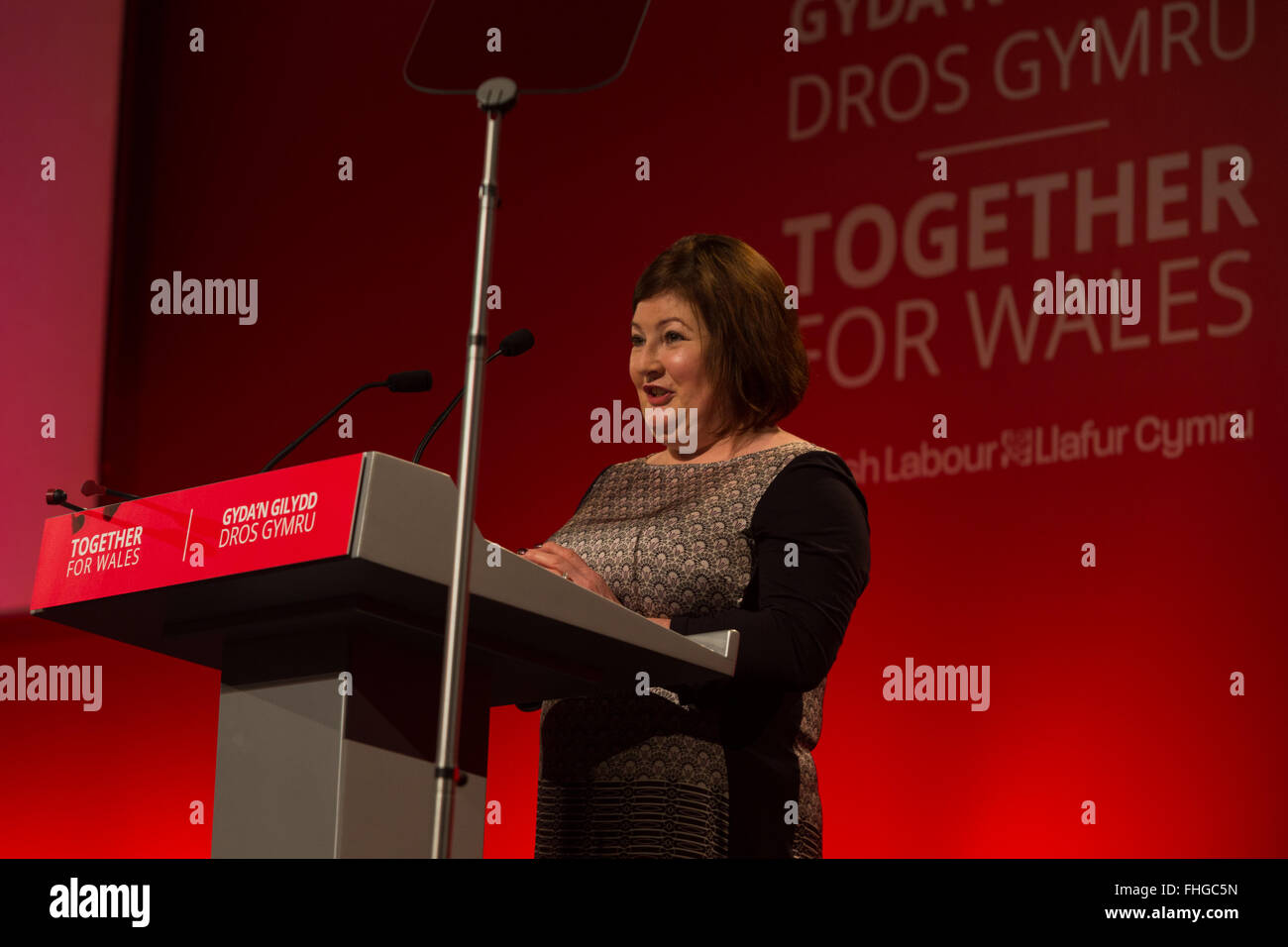 Lisa Jones First Minister Carwyn Jones AM's wife talking Labour Party at Venue Cymru Llandudno. © Alan Dop Alamy Live News Stock Photo