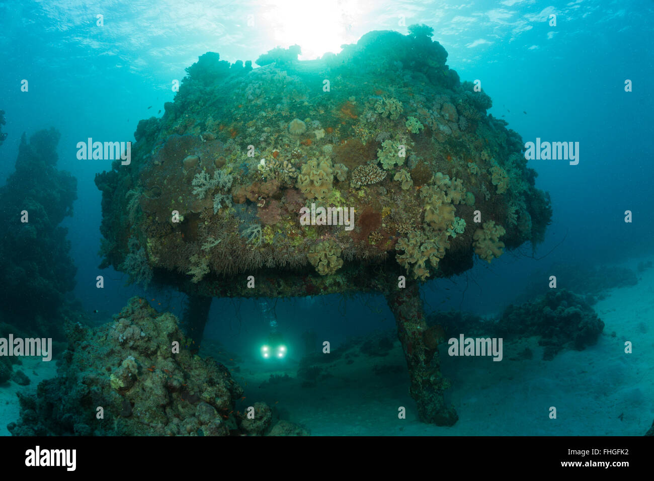 Diving Cousteaus Underwater Habitat Precontinent II, Shaab Rumi, Red Sea, Sudan Stock Photo
