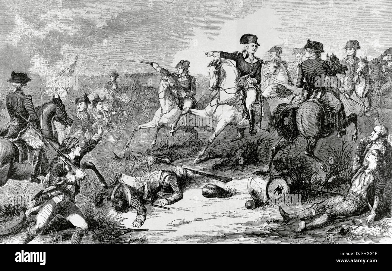 Battle of Monmouth (June 28, 1778). George Washington (1732-1799), commander-in-Chief of the Continental Army, attacking the rear of the British Army led by ...