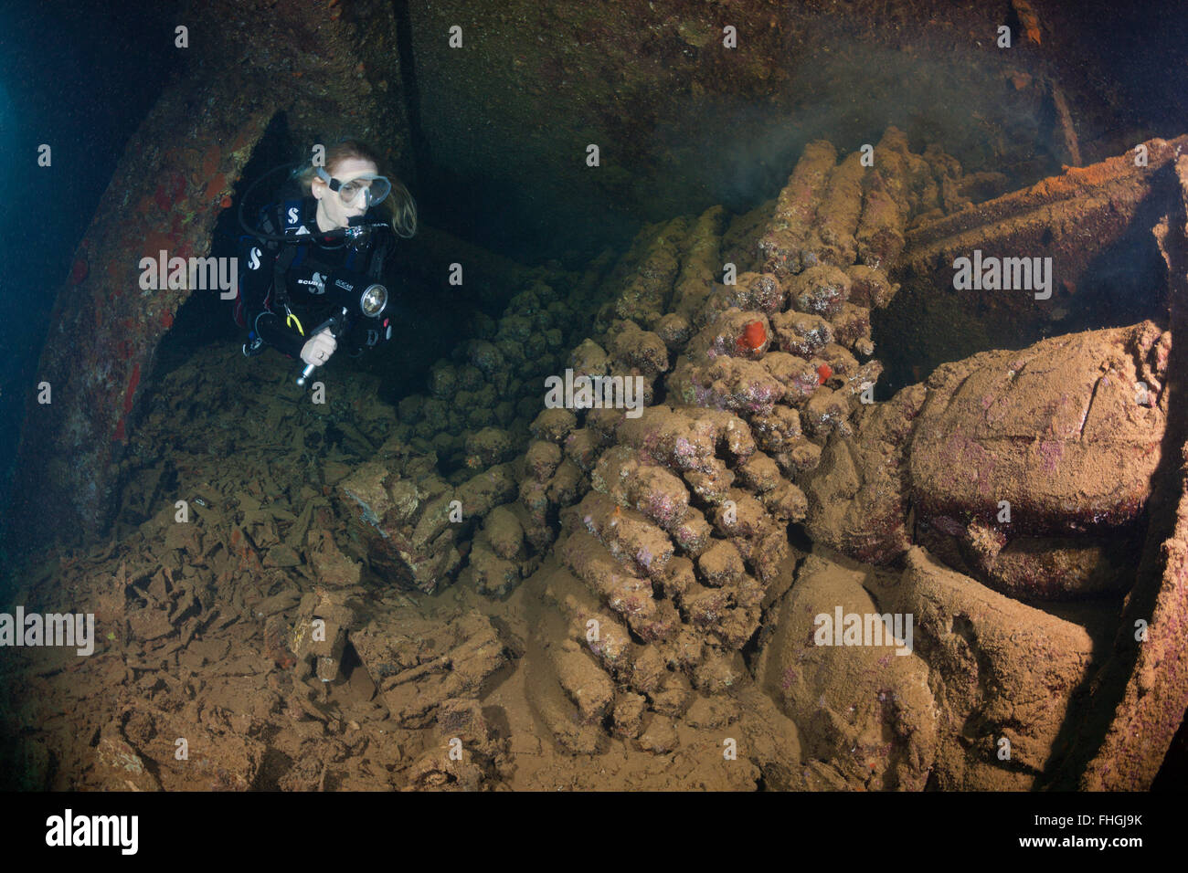 Munition inside Umbria Wreck, Wingate Reef, Red Sea, Sudan Stock Photo