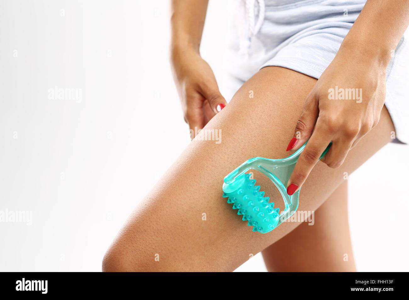 Anti Cellulite Massage Woman Massaging Thigh Massage Roller Stock Photo Alamy