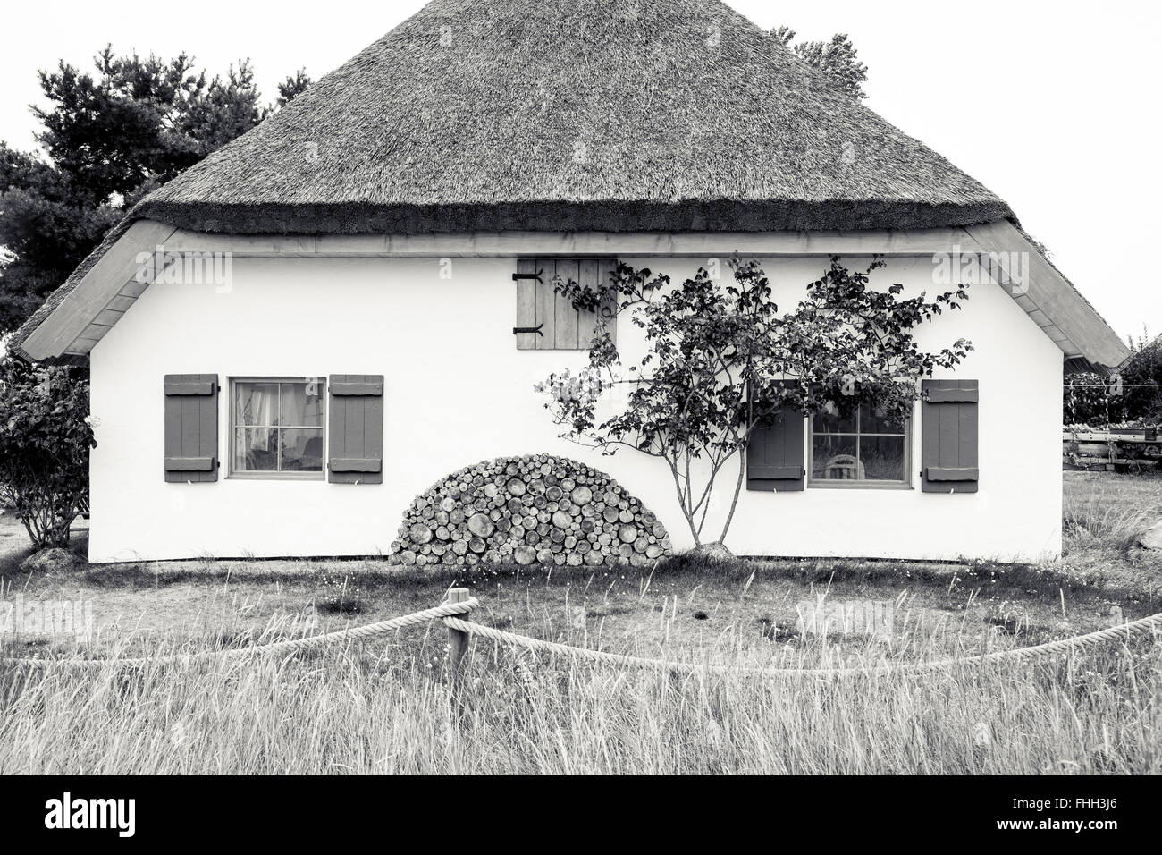bw shot of a typical cottage on Hiddensee island Stock Photo