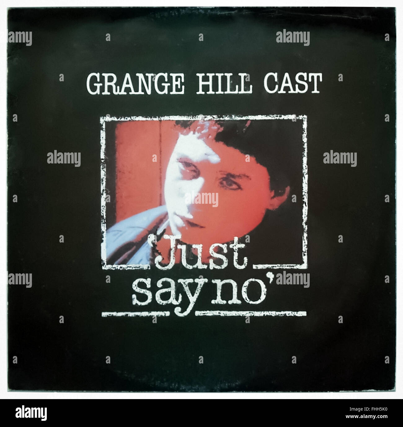 Front cover of classic Drug awareness track 'Just Say No' 7' Single released in 1986 performed by the cast of 'Grange Hill'. Cover features an image of Zammo McGuire (Lee Macdonald) who became addicted to heroin over the course of 2 seasons. The 'Just say no' slogan was part of the US war on drugs and crossed the pond in the mid 1980s and used by the BBC's 1986 'Drugwatch' campaign. The cast eventually flew to the US and visited the White House. See description for more information. Stock Photo