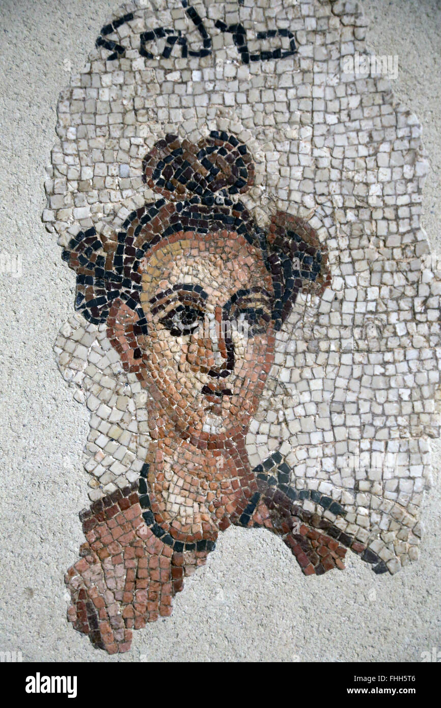 Funeray mosaics from Edessa Region (Urfa, Turkey). Family portraits adorned the interior tombs. Roman Times. Woman's head. Stock Photo