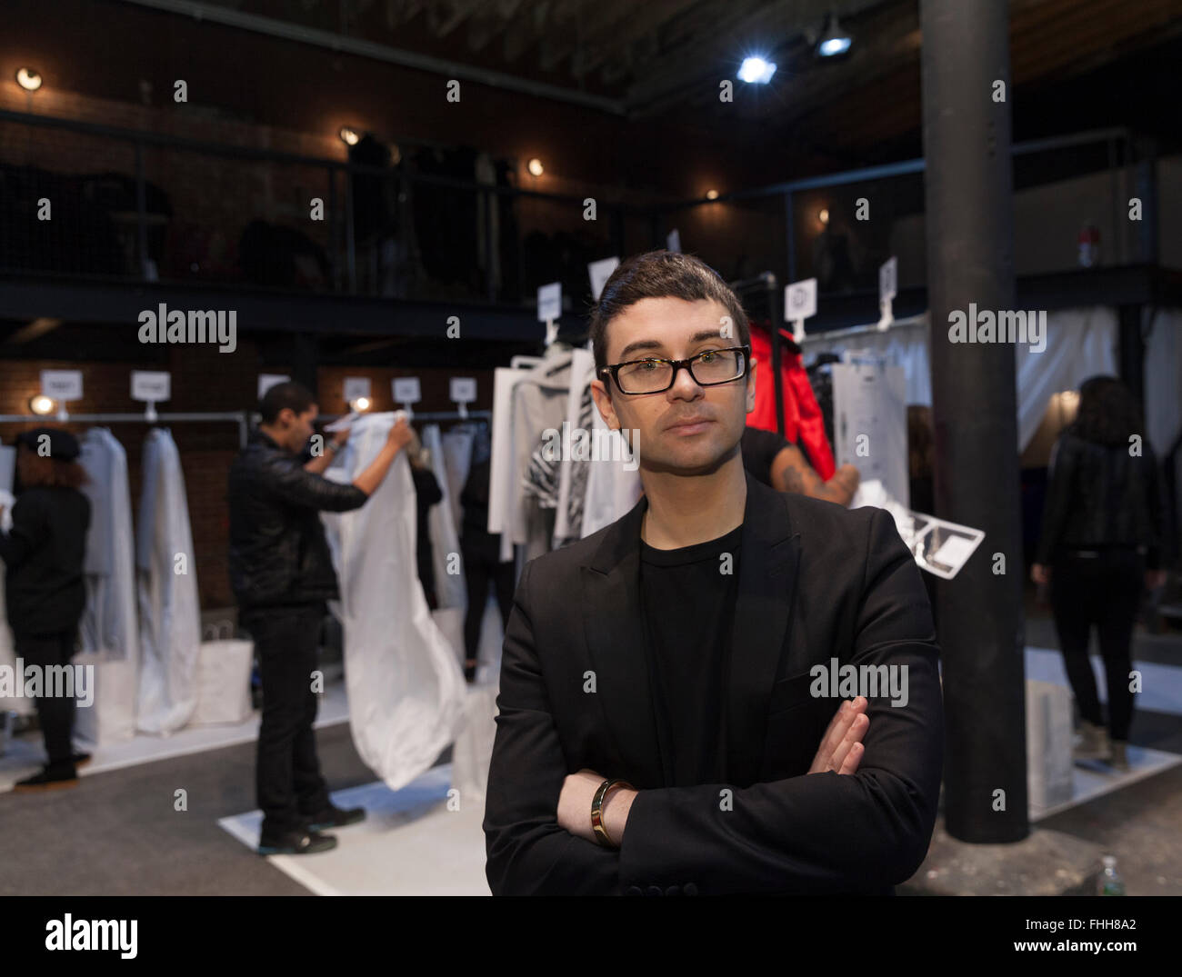 New York, NY USA - February 13, 2016: Designer Christian Siriano poses backstage for Christian Siriano during New York Fall 2016 fashion week at Art Beam Stock Photo