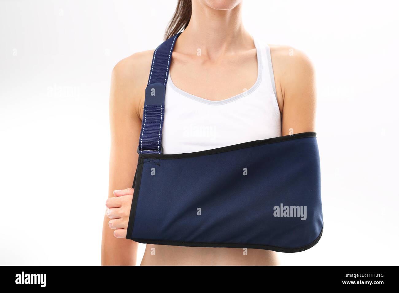 Woman with hand in the dressing orthopedic. A woman with a broken arm in a sling Stock Photo