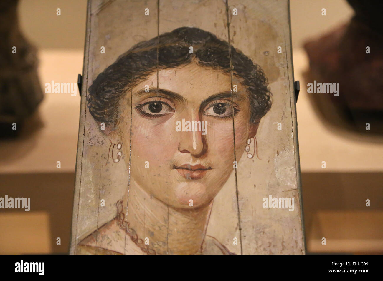 Mummy portrait. Panel painting. Young woman. 2nd century AD. Memphis, Egypt. Roman times. Louvre Museum. Paris. France. Stock Photo