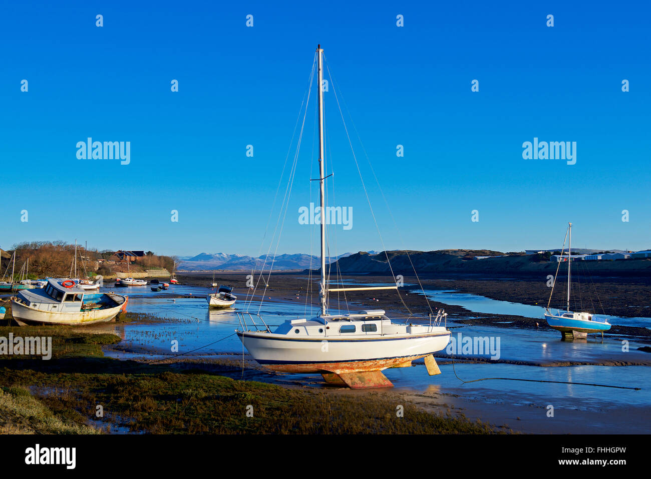Boats in the Walney Channel, between Walney Island and Barrow-in-Furness, Cumbria, England UK Stock Photo