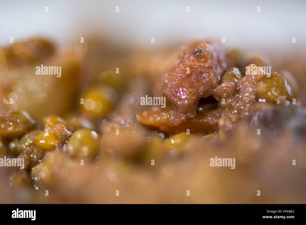 Green lentils with vegetables and bacon. French restaurant prepared dish with lentils, carrots