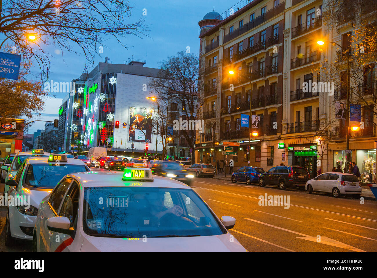 Taxi stand in Goya street, night view. Madrid, Spain. Stock Photo