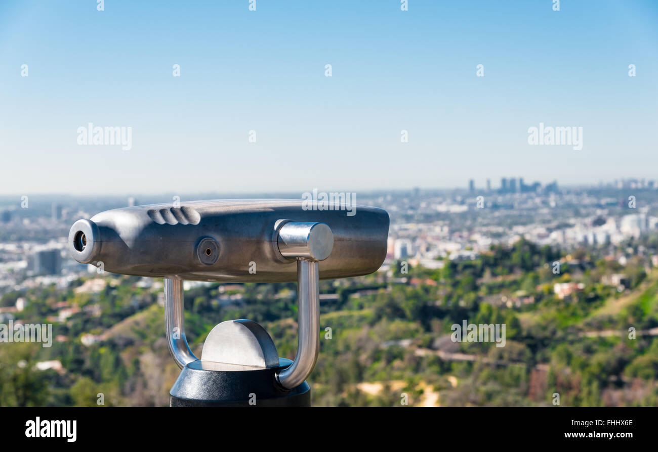 coin operated binoculars overlooking Los Angeles' skyline Stock Photo
