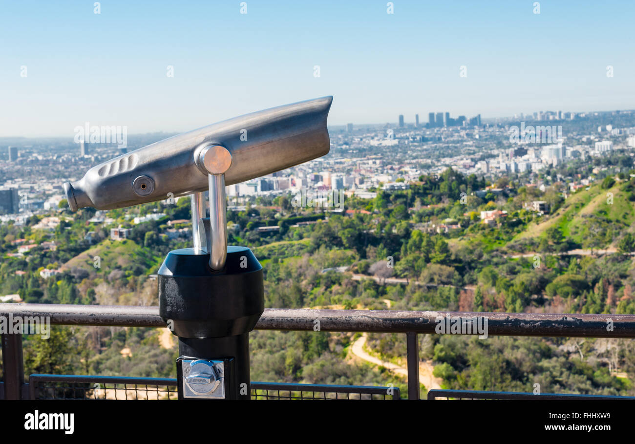 coin operated binoculars overlooking Los Angeles' skyline Stock Photo
