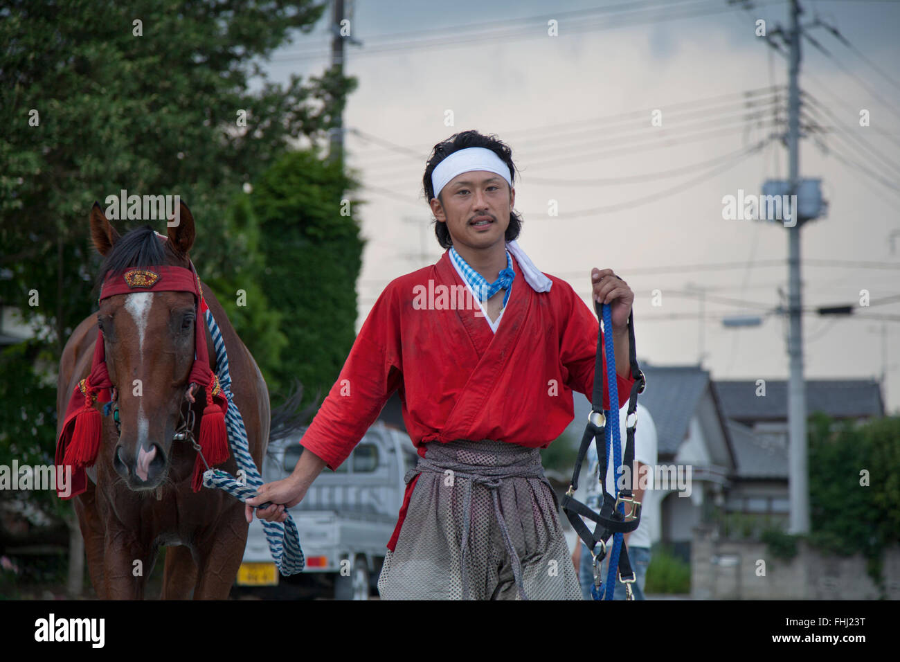 The Fukushima samurais -  Japan / Fukushima  -  On the last day of Soma Nomaoi. Samurai drenched with sweat after the finale. Stock Photo