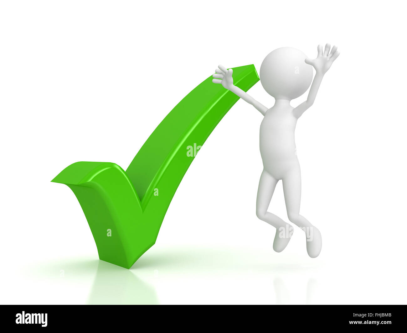 Person and green checkmark on white background Stock Photo