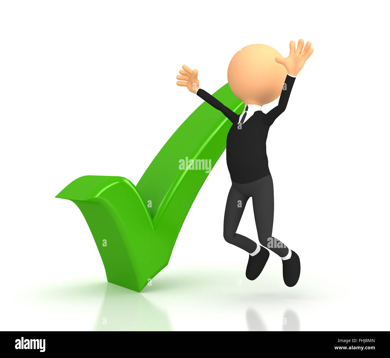 Person and green checkmark on white background Stock Photo