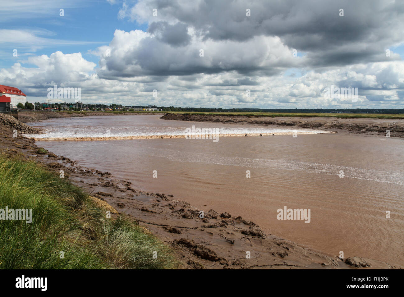 Surfers ride a tidal bore in the Petitcodiac River Stock Photo Alamy