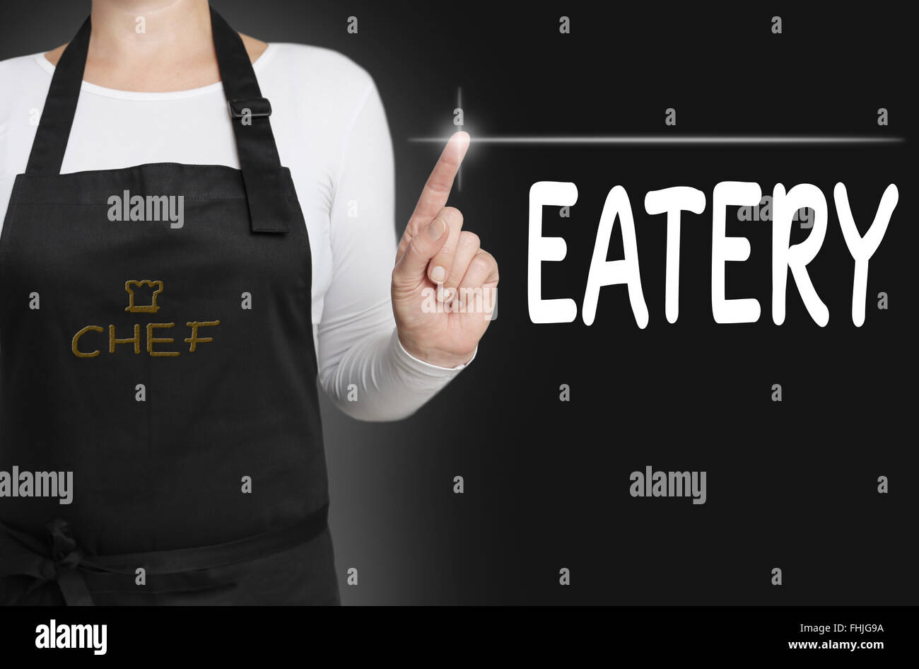eatery touchscreen is operated by chef. Stock Photo