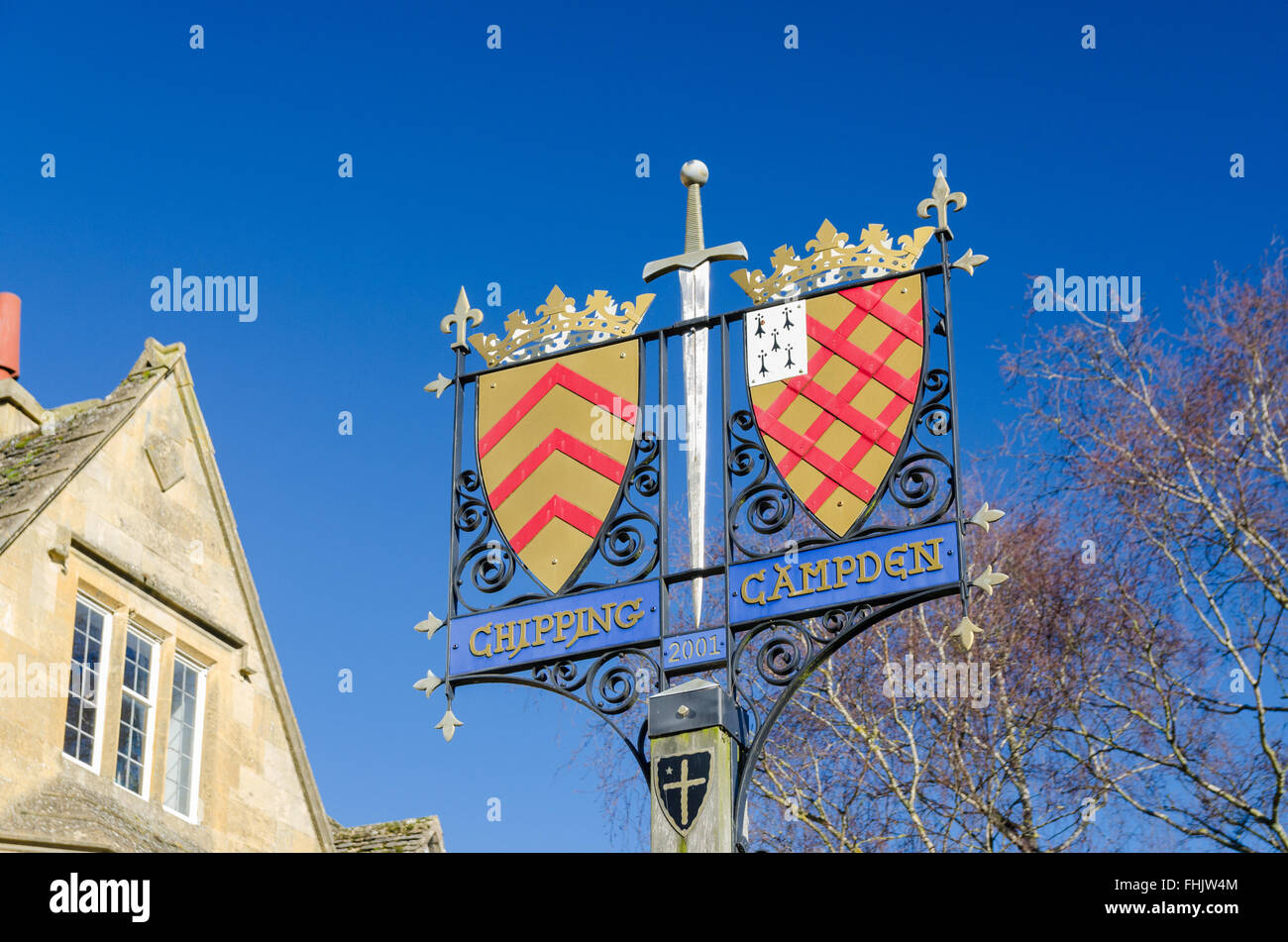 Ornate town sign for Chipping Campden in the Cotswolds Stock Photo