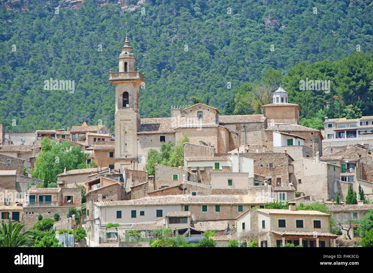 Mallorca, Majorca, Balearic Islands, Spain, Europe: panoramic view of the  perched town of Valldemossa, famous for the Royal Charterhouse Stock Photo