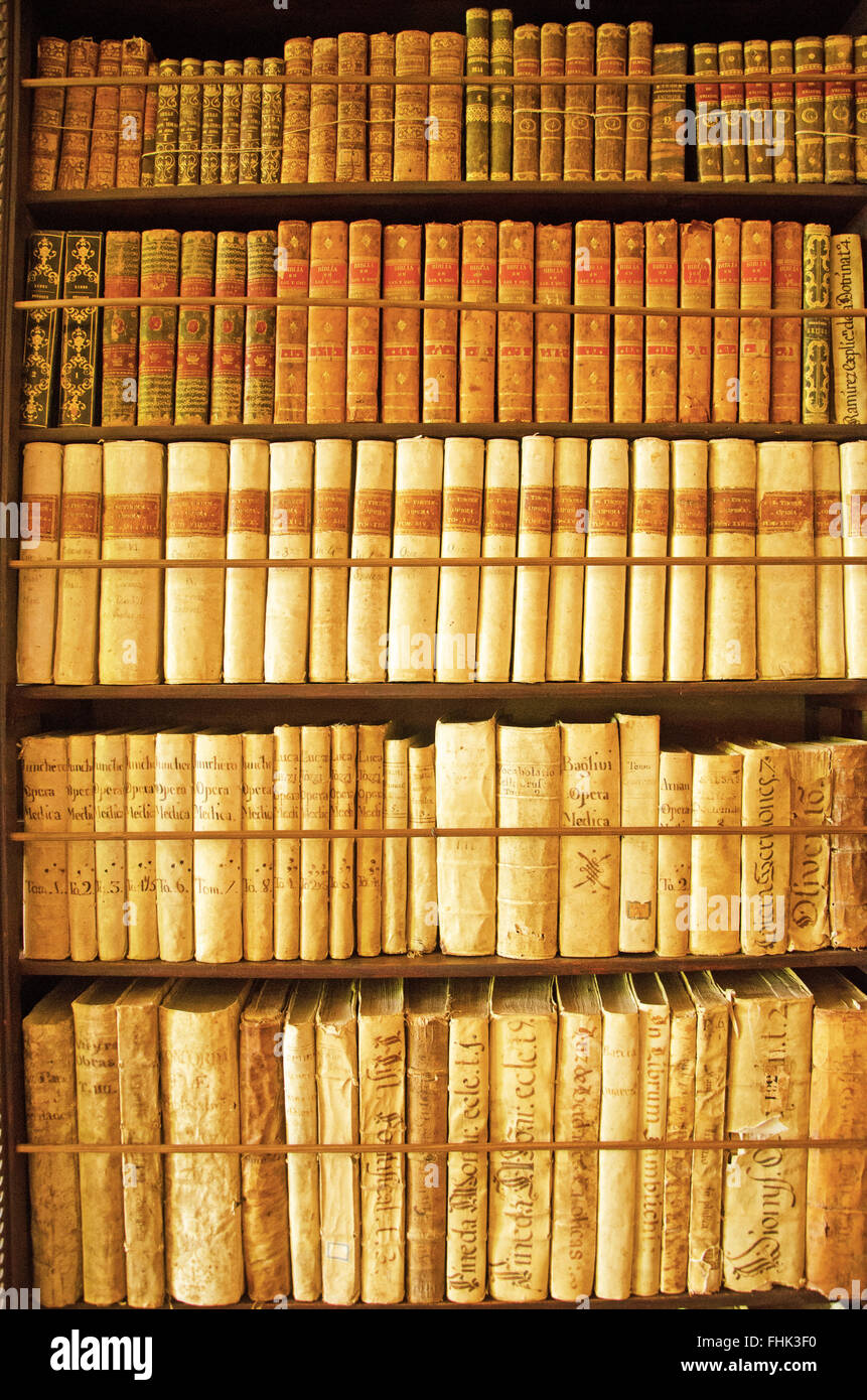 Mallorca, Majorca, Balearic Islands, Spain, Europe: ancient books at the library of the Royal Carthusian Monastery in Valldemossa Stock Photo