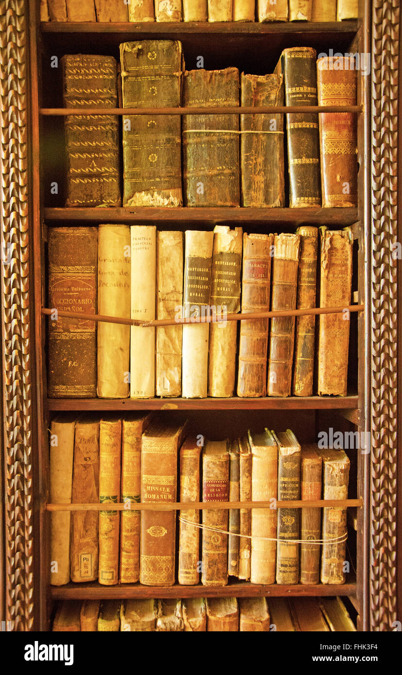 Mallorca, Majorca, Balearic Islands, Spain, Europe: ancient books at the library of the Royal Carthusian Monastery in Valldemossa Stock Photo