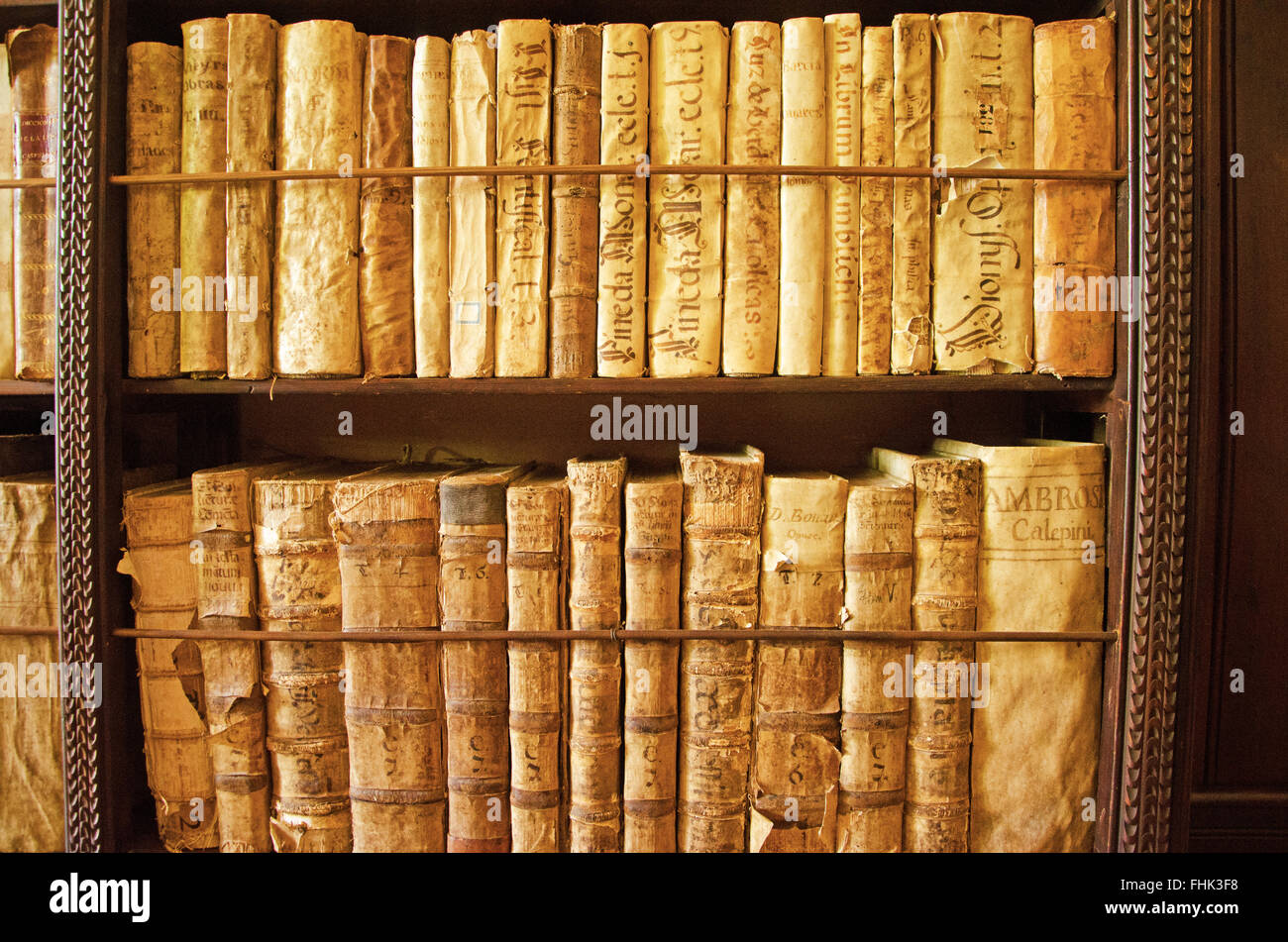 Mallorca, Majorca, Balearic Islands, Spain, Europe: ancient books at the library of the Royal Carthusian Monastery in Valldemossa Stock Photo