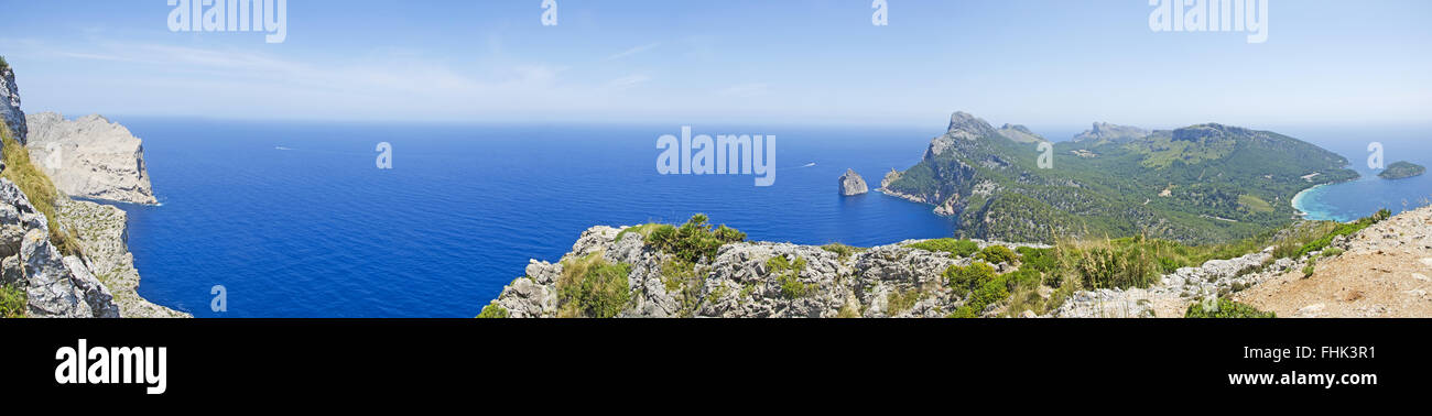 Mallorca, Majorca, Balearic Islands, Spain: a panoramic view of Cap de Formentor seen from the belvedere of Talaia d'Albercutx Stock Photo