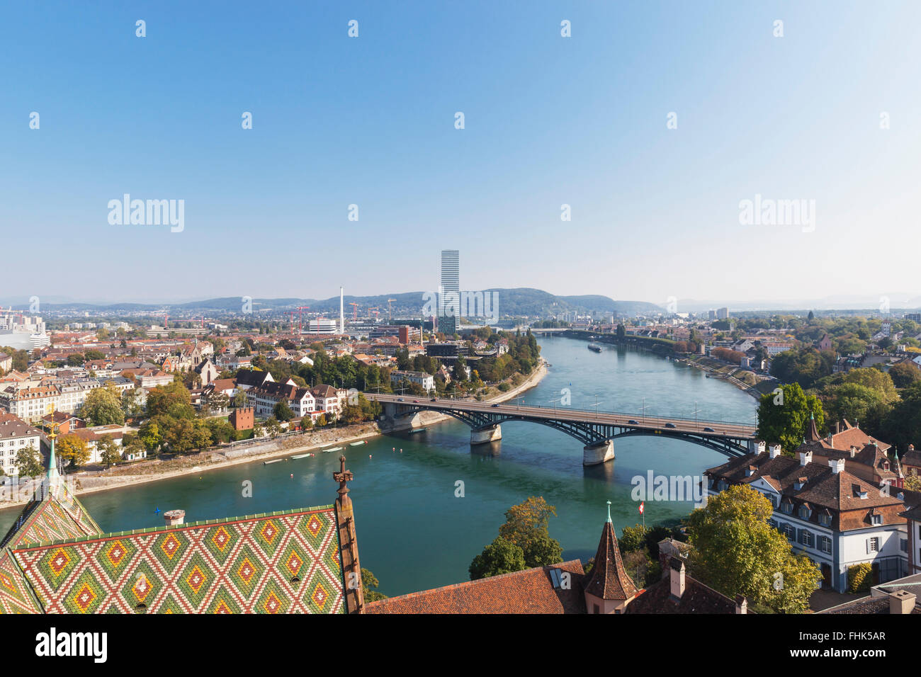 Switzerland, Basel, city and Rhine River as seen from Basel Minster ...