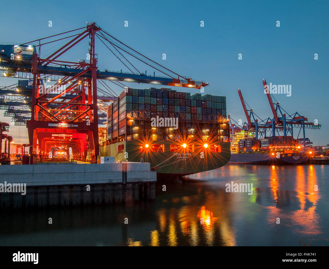 Container Vessel 'CSCL Pusan' of China Shipping Line berthed at Eurogate Container Terminal in the Port of Hamburg, Germany. Stock Photo