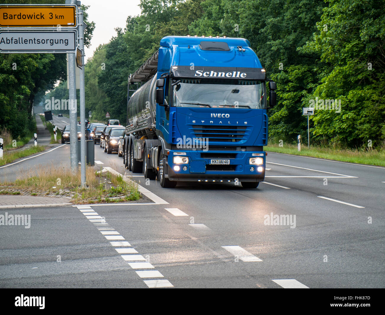 Tank truck on the L209 between Brietlingen and Lüneburg, near Adendorf, Niedersachsen, Germany. Stock Photo