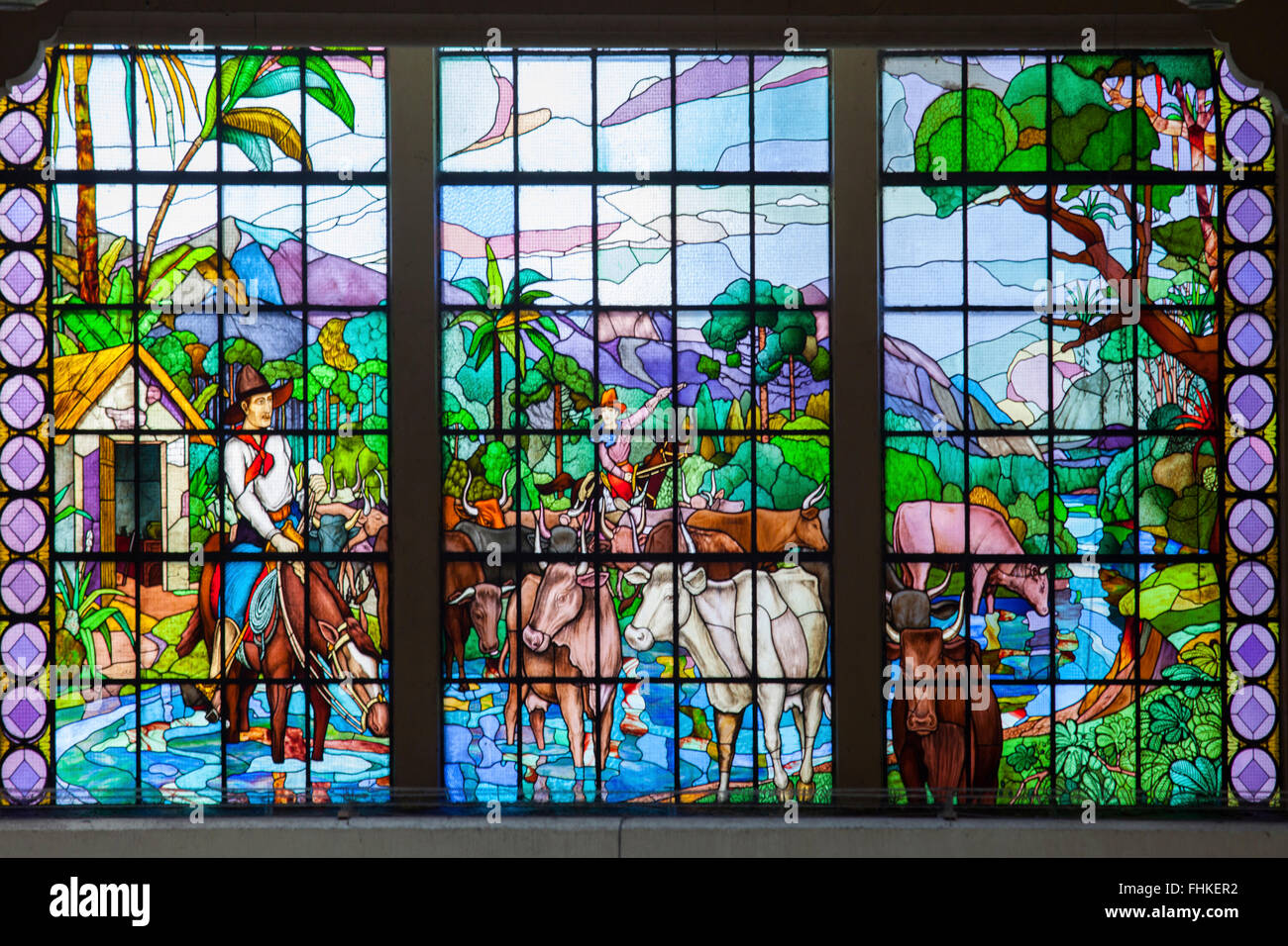 Stained glass by Conrado Sorgenicht  in Sao Paulo municipal market (mercadao) Stock Photo