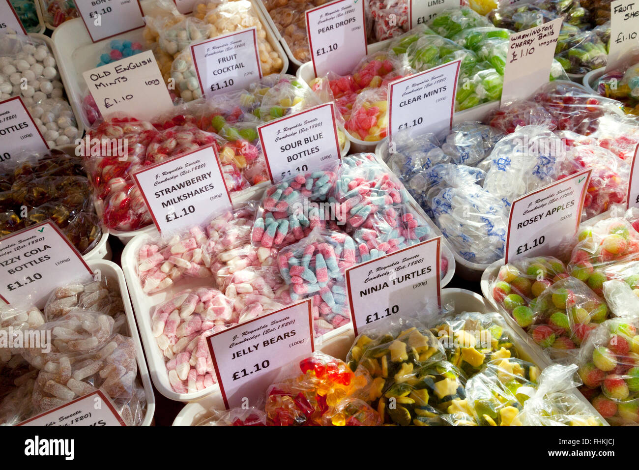 Sweets for sale in a sweet stall, Cambridge market, Cambridge UK Stock Photo