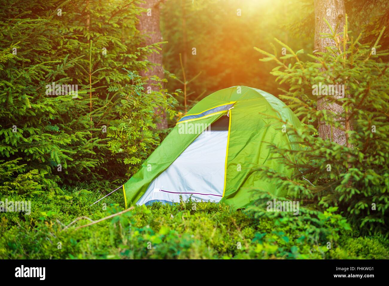 Wild Summer Camping in the Middle of Nowhere. Camping and Recreation Theme. Stock Photo
