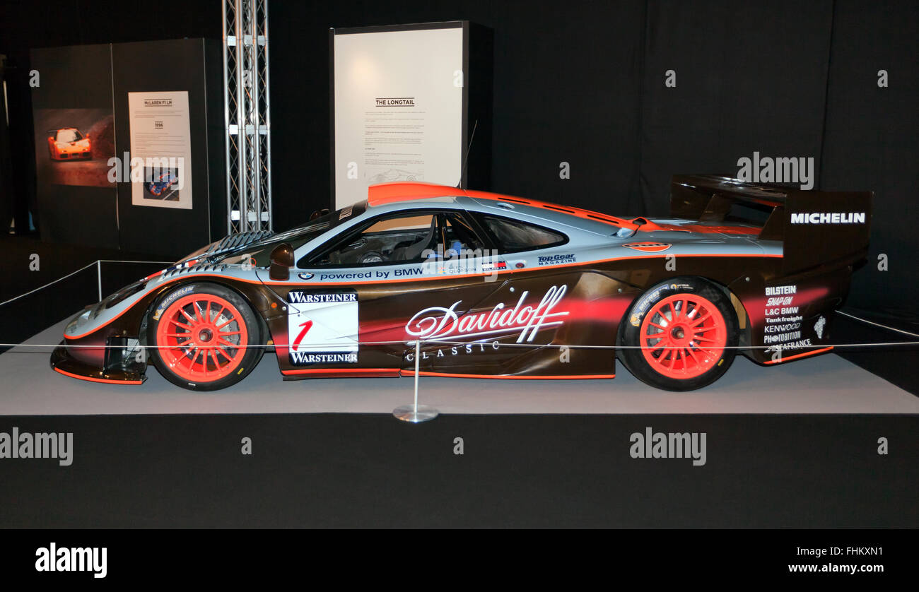 A McLaren F1 GTR '97 'Long Tail, race car, on static display at the 2016 London Classic Car Show Stock Photo