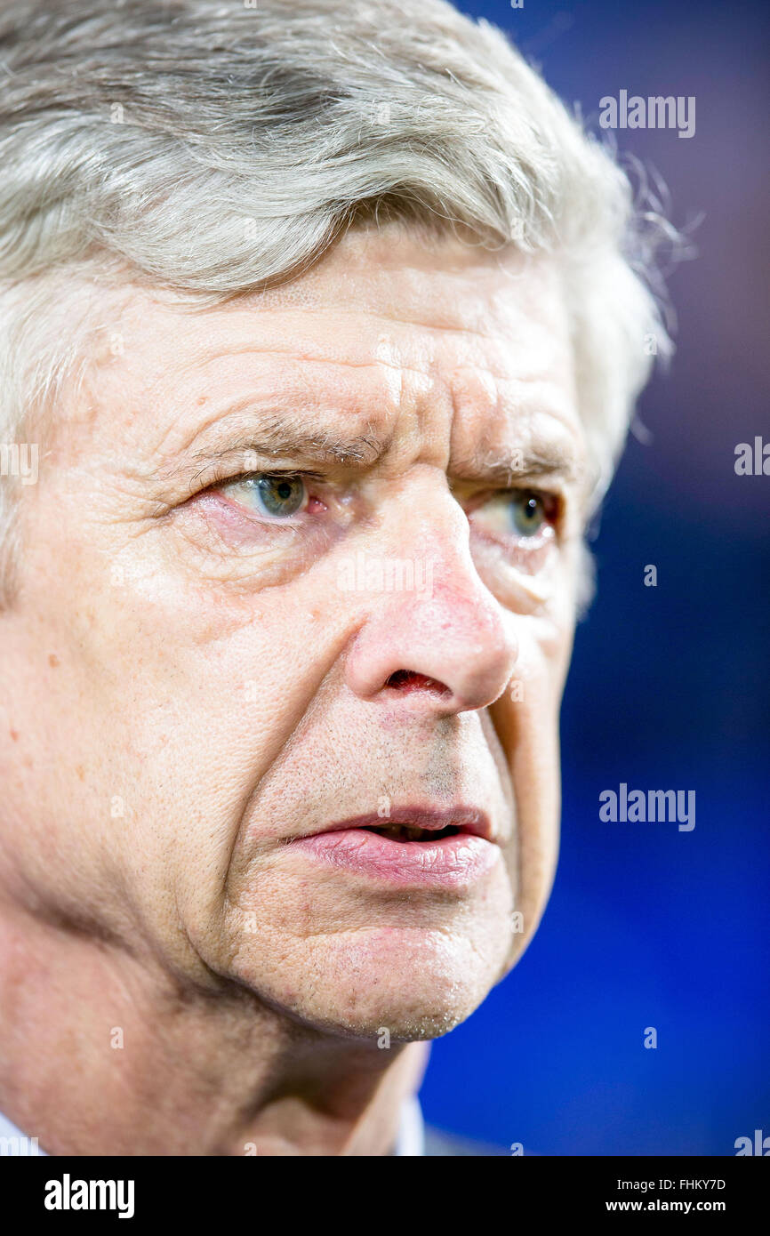 Arsenal manager,  Arsene Wenger, watches his side take on QPR at Loftus Road on March, 4, 2015. Stock Photo
