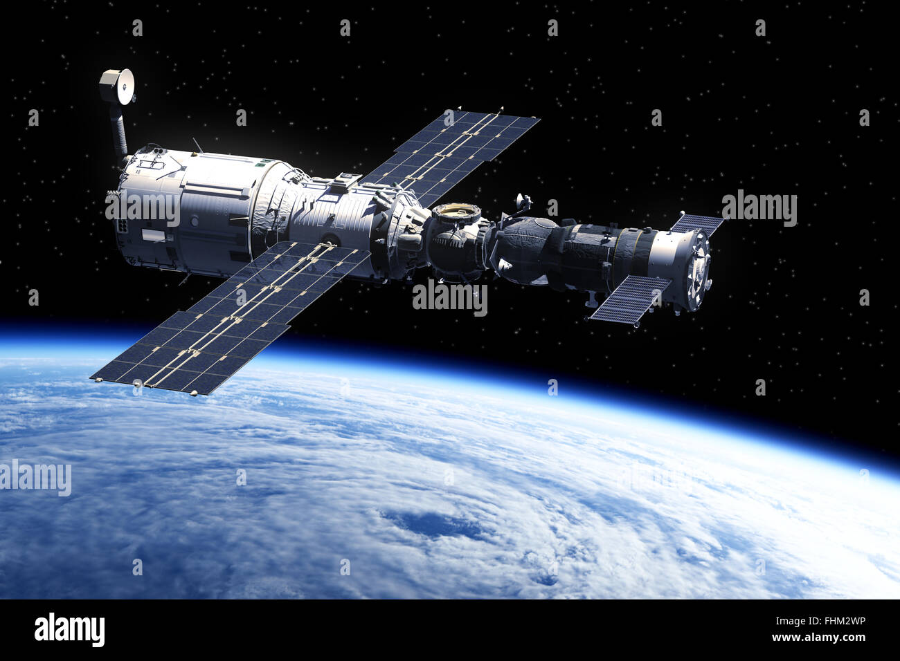 Space Station Orbiting Earth. Realistic 3D Scene. Stock Photo