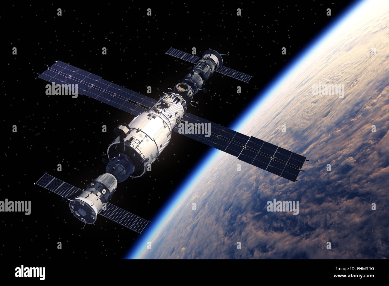 Space Station And Spaceships Orbiting Earth. 3D Scene. Stock Photo