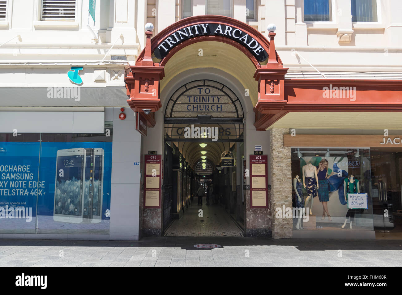 Entrance to Trinity Arcade shopping precinct on Hay Street, Perth, Western Australia. Stock Photo